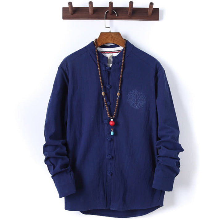 Buddha Stones 2Pcs Solid Color Men's Frog-Button Long Sleeve Cotton Shirt Pants Set With Pockets - image 20