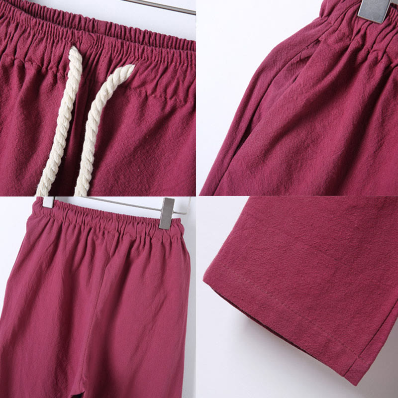 Buddha Stones 2Pcs Solid Color Men's Frog-Button Long Sleeve Cotton Shirt Pants Set With Pockets - image 38