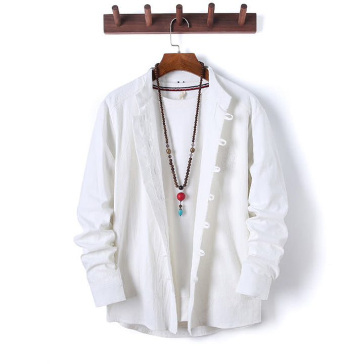 Buddha Stones 2Pcs Solid Color Men's Frog-Button Long Sleeve Cotton Shirt Pants Set With Pockets - image 10