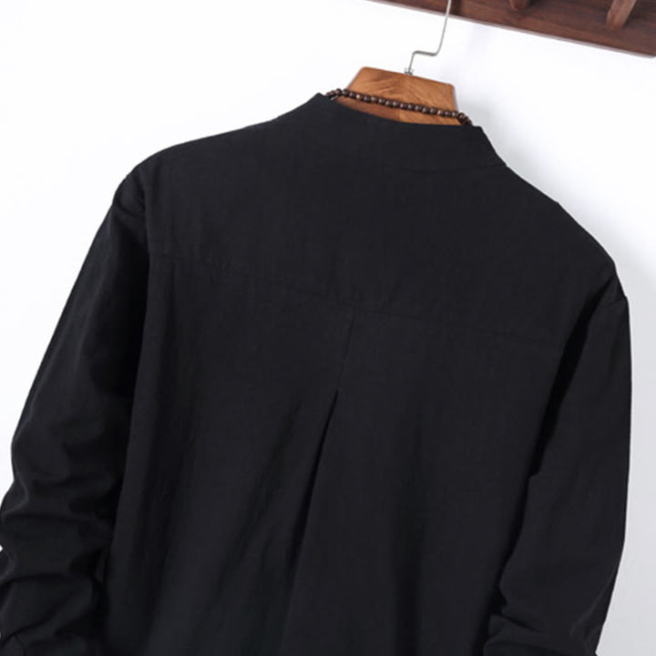 Buddha Stones 2Pcs Solid Color Men's Frog-Button Long Sleeve Cotton Shirt Pants Set With Pockets - image 4