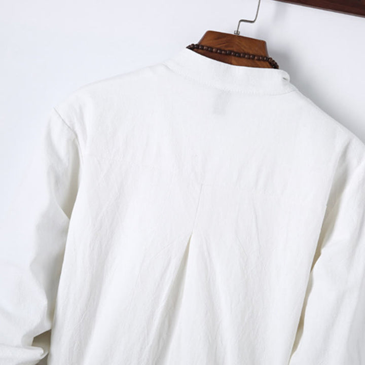 Buddha Stones 2Pcs Solid Color Men's Frog-Button Long Sleeve Cotton Shirt Pants Set With Pockets - image 14