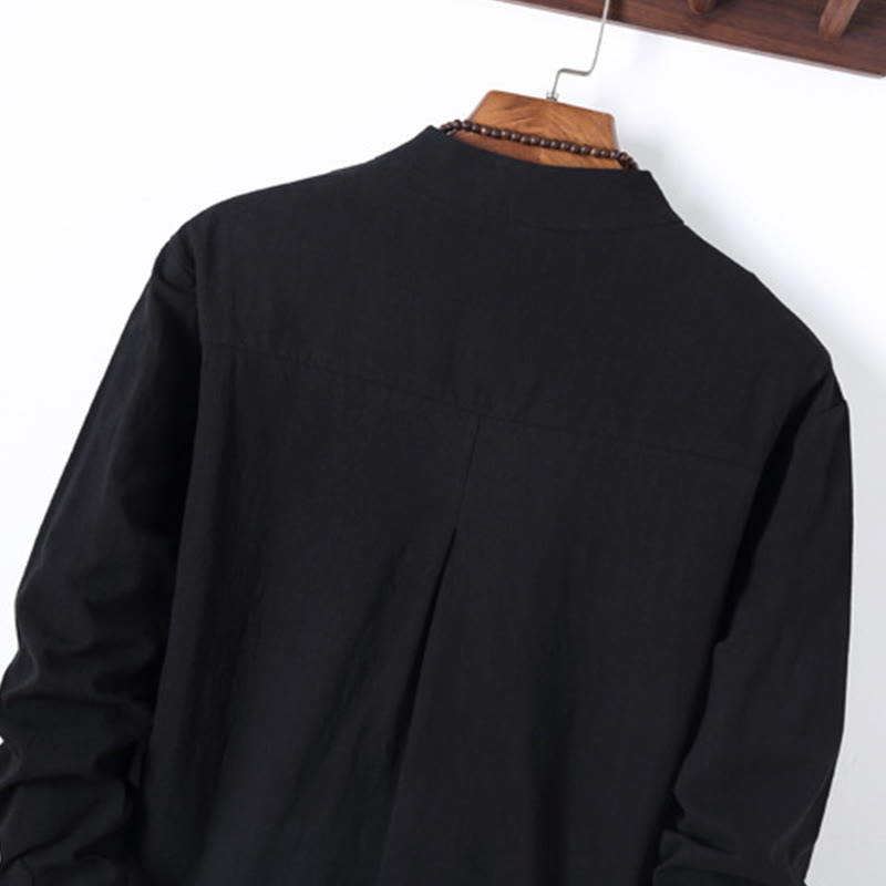 Buddha Stones 2Pcs Solid Color Men's Frog-Button Long Sleeve Cotton Shirt Pants Set With Pockets - image 4