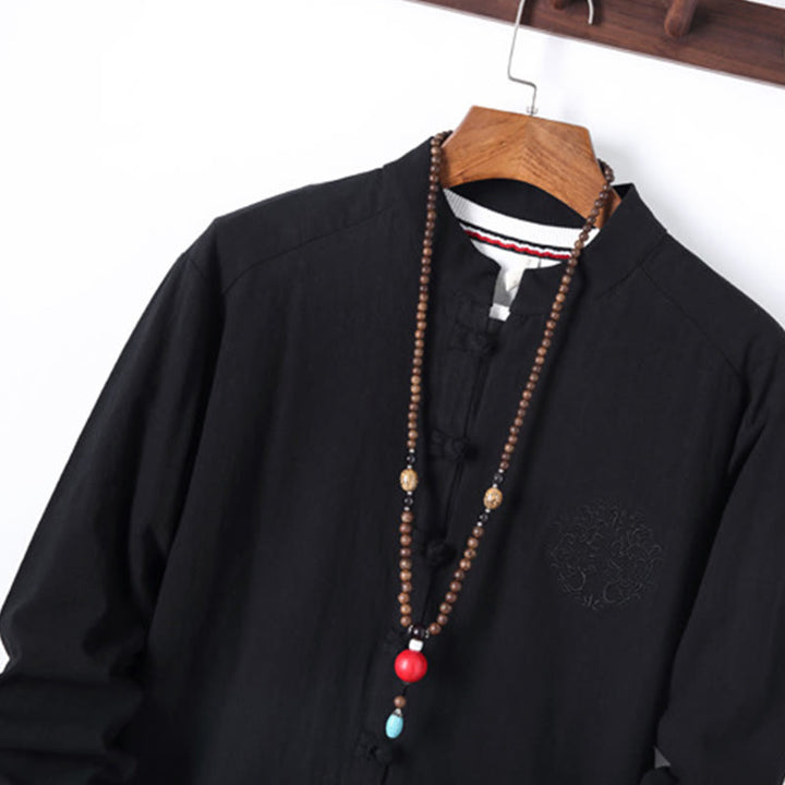 Buddha Stones 2Pcs Solid Color Men's Frog-Button Long Sleeve Cotton Shirt Pants Set With Pockets - image 3