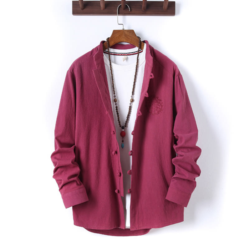 Buddha Stones 2Pcs Solid Color Men's Frog-Button Long Sleeve Cotton Shirt Pants Set With Pockets - image 30