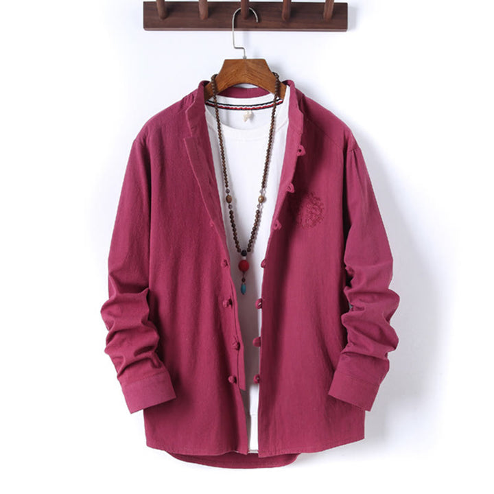 Buddha Stones 2Pcs Solid Color Men's Frog-Button Long Sleeve Cotton Shirt Pants Set With Pockets - image 30