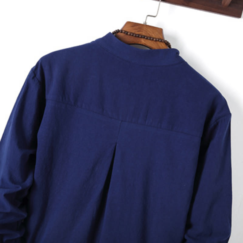Buddha Stones 2Pcs Solid Color Men's Frog-Button Long Sleeve Cotton Shirt Pants Set With Pockets - image 24