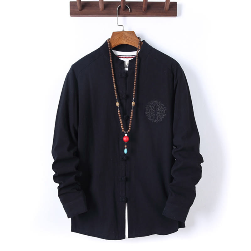 Buddha Stones 2Pcs Solid Color Men's Frog-Button Long Sleeve Cotton Shirt Pants Set With Pockets - image 1