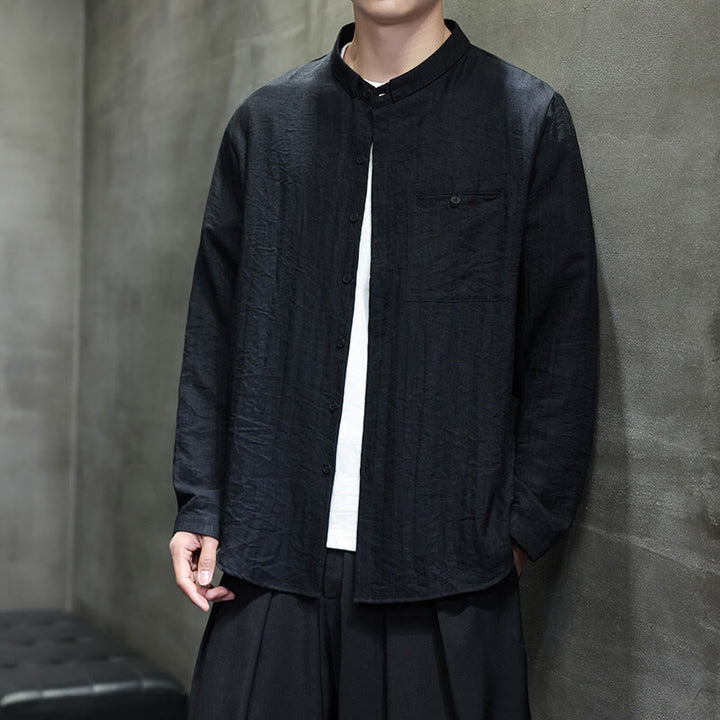 Buddha Stones Spring Men's Solid Color Buttons Design Long Sleeve Shirt - image 2