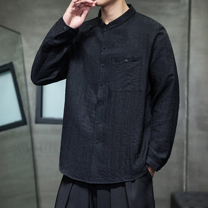 Buddha Stones Spring Men's Solid Color Buttons Design Long Sleeve Shirt - image 5