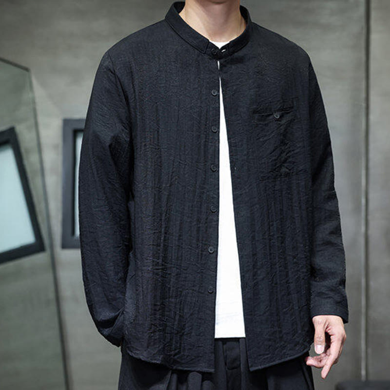 Buddha Stones Spring Men's Solid Color Buttons Design Long Sleeve Shirt - Black - US/UK/AU46，EU56 (5XL) - image 0