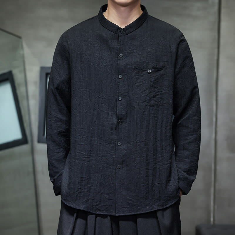 Buddha Stones Spring Men's Solid Color Buttons Design Long Sleeve Shirt - image 1