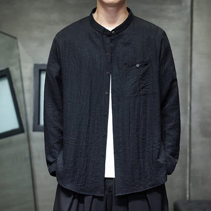 Buddha Stones Spring Men's Solid Color Buttons Design Long Sleeve Shirt - image 3