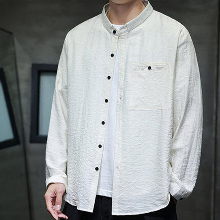 Buddha Stones Spring Men's Solid Color Buttons Design Long Sleeve Shirt - image 9