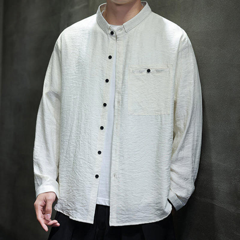 Buddha Stones Spring Men's Solid Color Buttons Design Long Sleeve Shirt - image 11