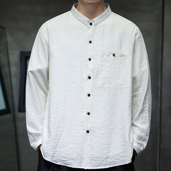 Buddha Stones Spring Men's Solid Color Buttons Design Long Sleeve Shirt - image 7