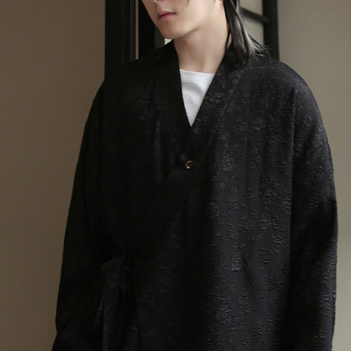 Buddha Stones Spring V-Neck Floral Men's Lace-up Design Long Sleeve Shirt - image 6