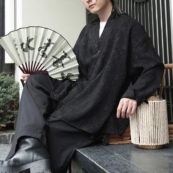 Buddha Stones Spring V-Neck Floral Men's Lace-up Design Long Sleeve Shirt - image 5