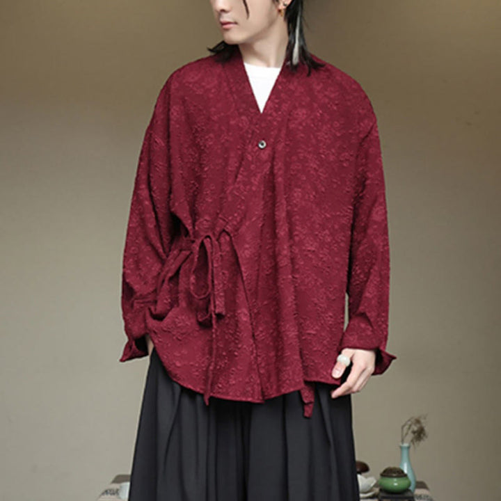 Buddha Stones Spring V-Neck Floral Men's Lace-up Design Long Sleeve Shirt - image 16