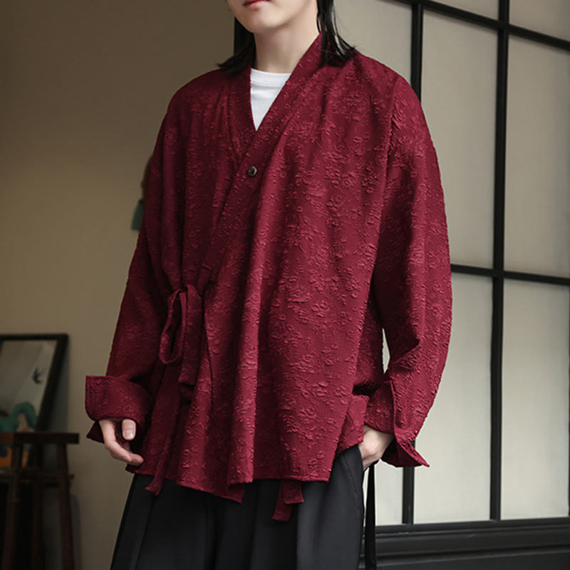 Buddha Stones Spring V-Neck Floral Men's Lace-up Design Long Sleeve Shirt - image 14