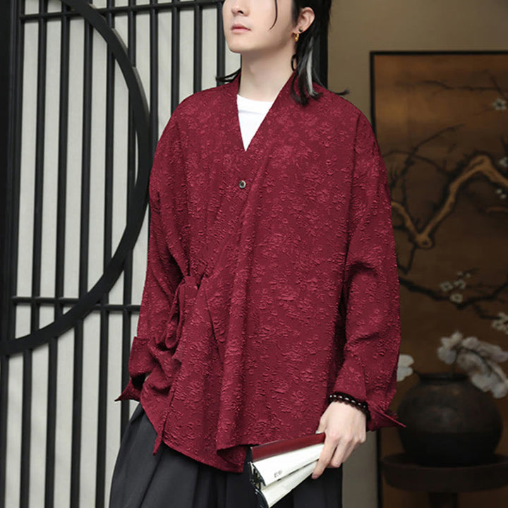 Buddha Stones Spring V-Neck Floral Men's Lace-up Design Long Sleeve Shirt - image 12