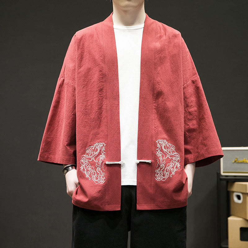 Buddha Stones Solid Auspicious Clouds Open Front Long Sleeve Jacket Men's Cotton Kimono - Tomato - US/UK/AU46，EU56 (5XL) - image 7
