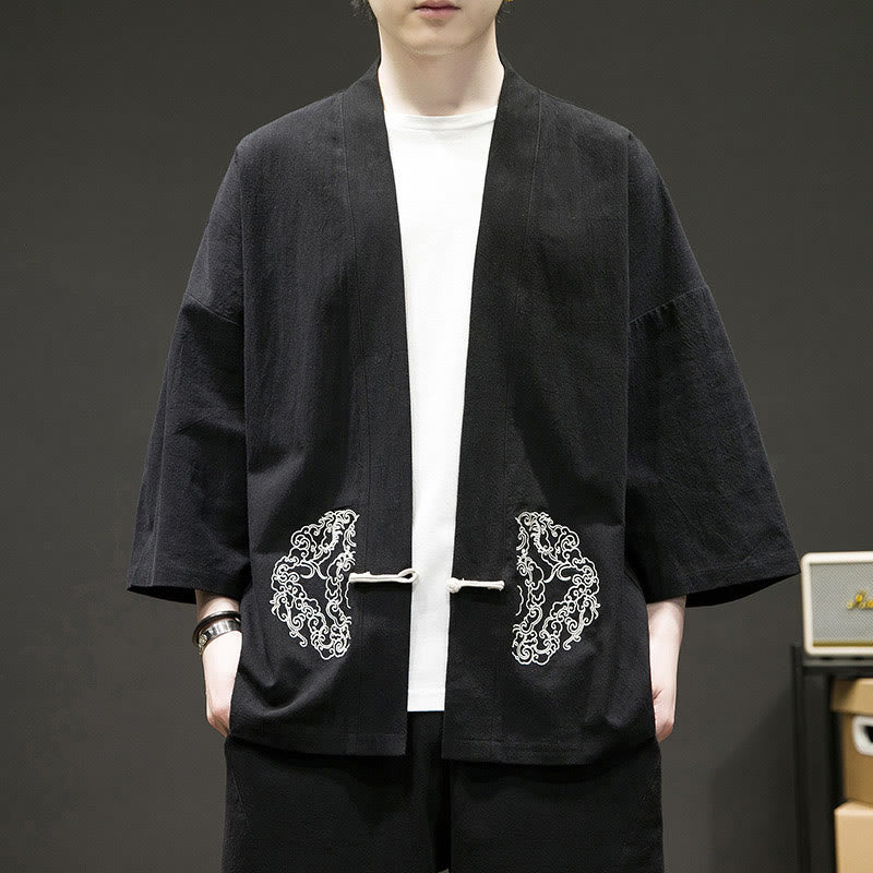 Buddha Stones Solid Auspicious Clouds Open Front Long Sleeve Jacket Men's Cotton Kimono - Black - US/UK/AU46，EU56 (5XL) - image 7