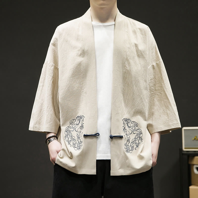 Buddha Stones Solid Auspicious Clouds Open Front Long Sleeve Jacket Men's Cotton Kimono - Cornsilk - US/UK/AU46，EU56 (5XL) - image 3