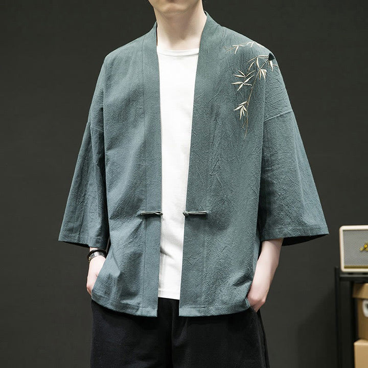 Buddha Stones Solid Auspicious Clouds Open Front Long Sleeve Jacket Men's Cotton Kimono - image 2