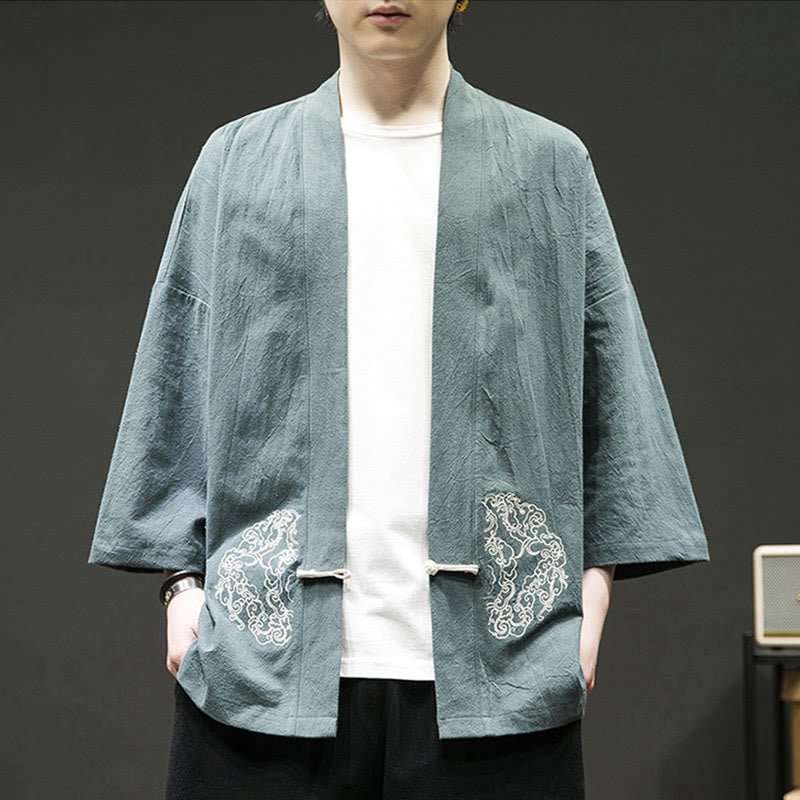 Buddha Stones Solid Auspicious Clouds Open Front Long Sleeve Jacket Men's Cotton Kimono - image 1