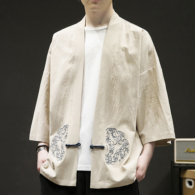 Buddha Stones Solid Auspicious Clouds Open Front Long Sleeve Jacket Men's Cotton Kimono - image 4