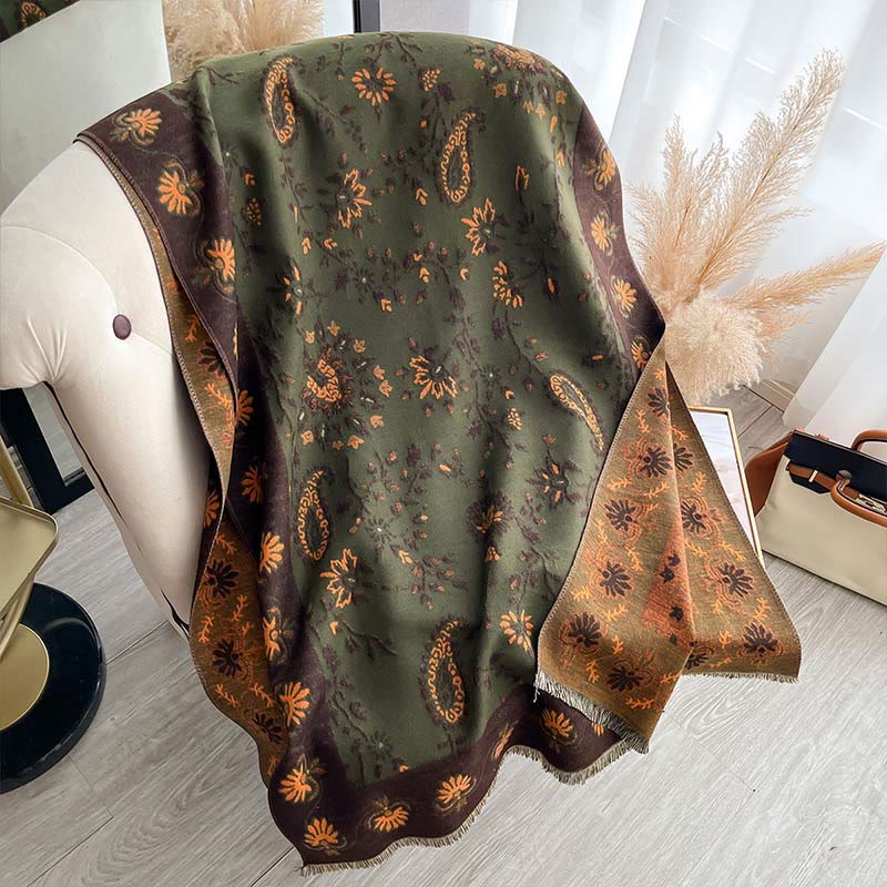 Buddha Stones Thickened Winter Paisley Flowers Vines Pattern Soft Scarf Shawl - DarkOliveGreen - 185x65cm - image 15