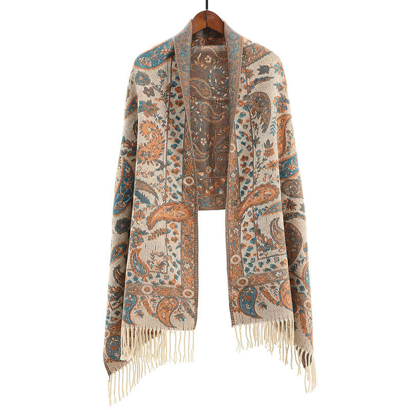 Buddha Stones Ethnic Embroidered Paisley Flowers Pattern Tassel Soft Scarf Shawl - PapayaWhip - image 8