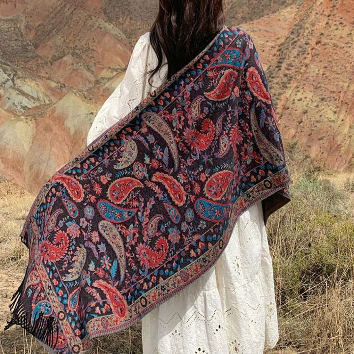 Buddha Stones Ethnic Embroidered Paisley Flowers Pattern Tassel Soft Scarf Shawl - Black - image 0