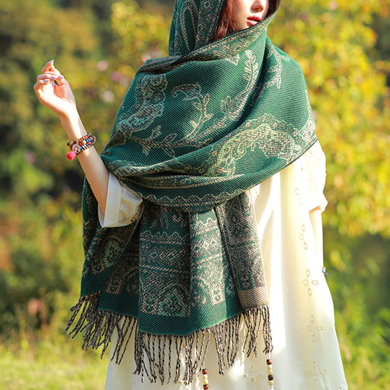 Buddha Stones Jacquard Ethnic Paisley Plants Pattern Tassel Soft Thermal Scarf Shawl - MediumSeaGreen Vines - 70-190cm - image 0