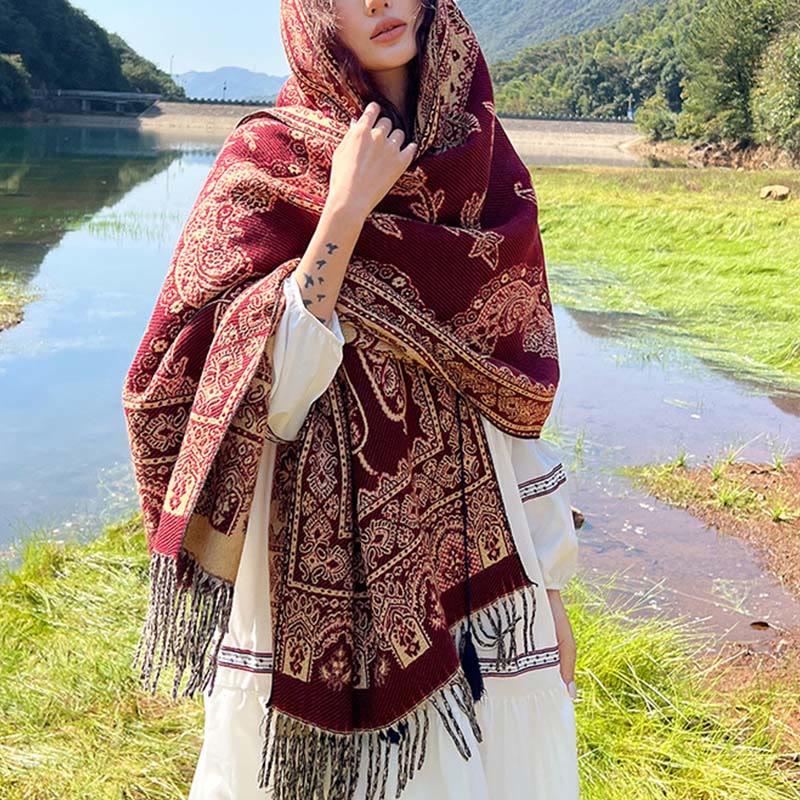 Buddha Stones Jacquard Ethnic Paisley Plants Pattern Tassel Soft Thermal Scarf Shawl - Crimson Paisley Vines - 70-190cm - image 14