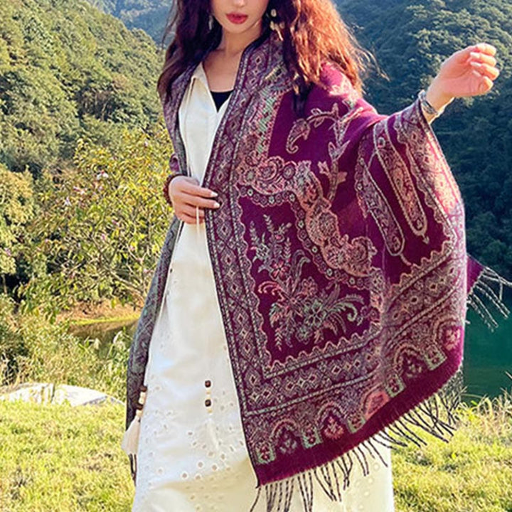 Buddha Stones Jacquard Ethnic Paisley Plants Pattern Tassel Soft Thermal Scarf Shawl - image 16