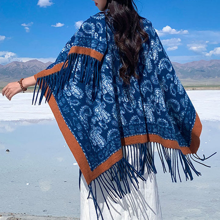Buddha Stones Navy Paisley Pattern Patchwork Design Tassel Scarf Shawl - Navy - 170*130cm - image 0