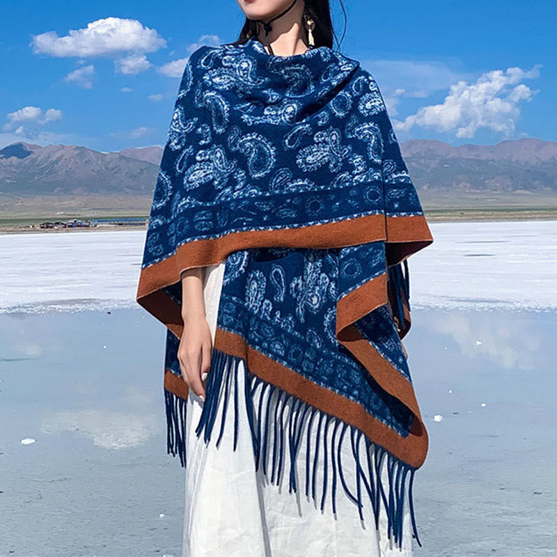 Buddha Stones Navy Paisley Pattern Patchwork Design Tassel Scarf Shawl - image 2