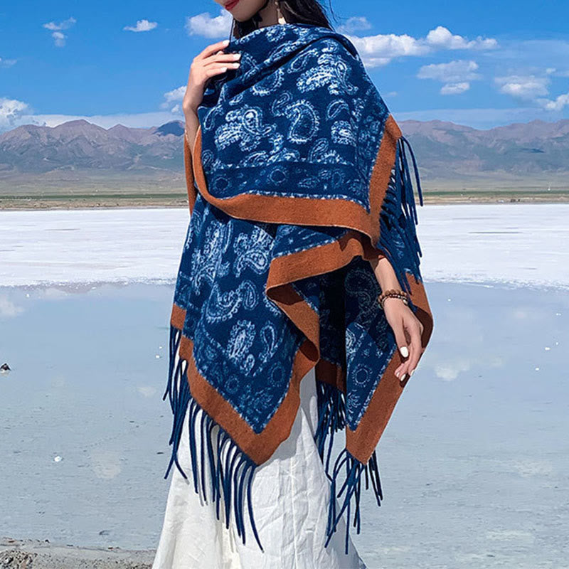 Buddha Stones Navy Paisley Pattern Patchwork Design Tassel Scarf Shawl - image 3