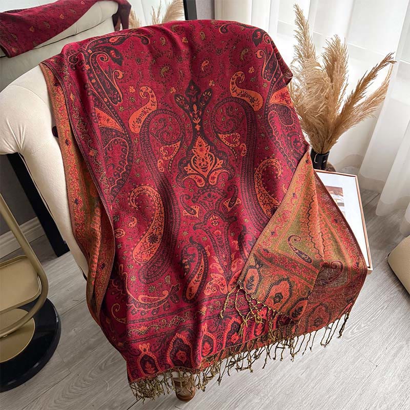 Buddha Stones Spring Floral Paisley Pattern Scarf Shawl With Tassels - Crimson - 195*70cm - image 16