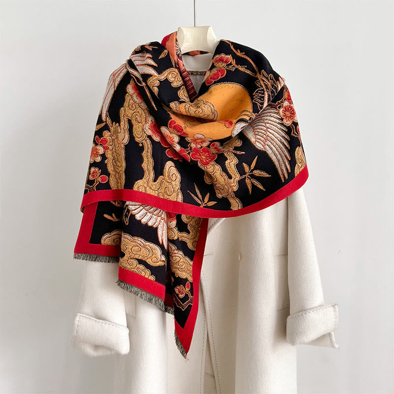 Buddha Stones Winter Crane Plum Blossom Auspicious Clouds Pattern Tassels Cozy Scarf Shawl - Black - 180*65cm - image 0