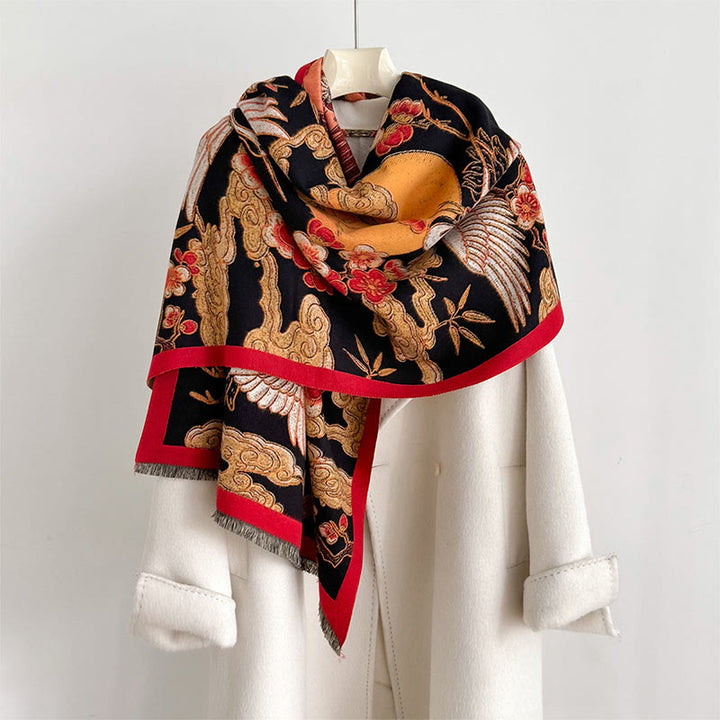 Buddha Stones Winter Crane Plum Blossom Auspicious Clouds Pattern Tassels Cozy Scarf Shawl - Black - 180*65cm - image 0
