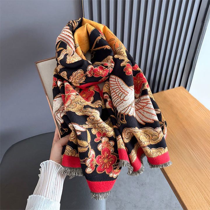 Buddha Stones Winter Crane Plum Blossom Auspicious Clouds Pattern Tassels Cozy Scarf Shawl - image 2
