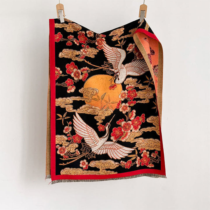 Buddha Stones Winter Crane Plum Blossom Auspicious Clouds Pattern Tassels Cozy Scarf Shawl - image 1