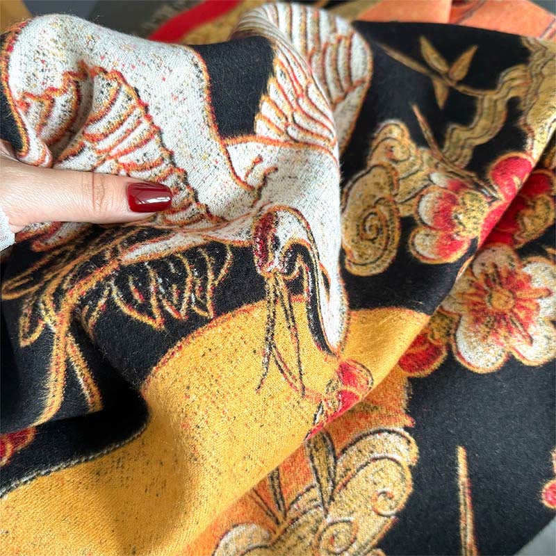 Buddha Stones Winter Crane Plum Blossom Auspicious Clouds Pattern Tassels Cozy Scarf Shawl - image 3