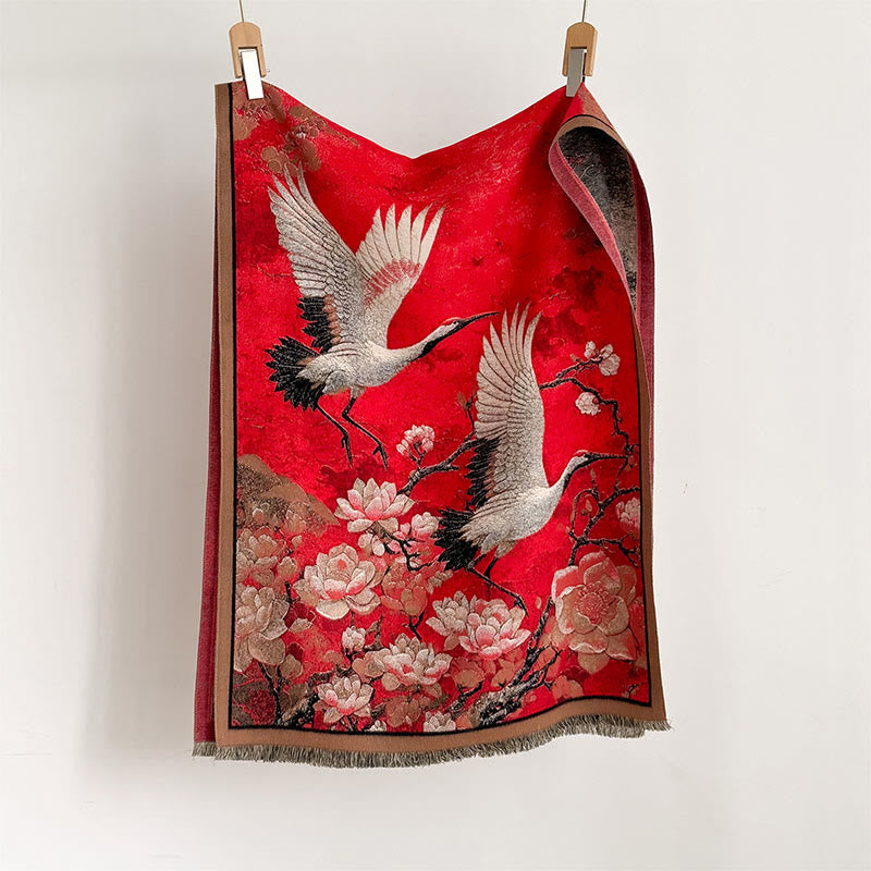 Buddha Stones Fall Crane Lotus Plum Blossom Pattern Tassels Cozy Soft Scarf Shawl - image 1