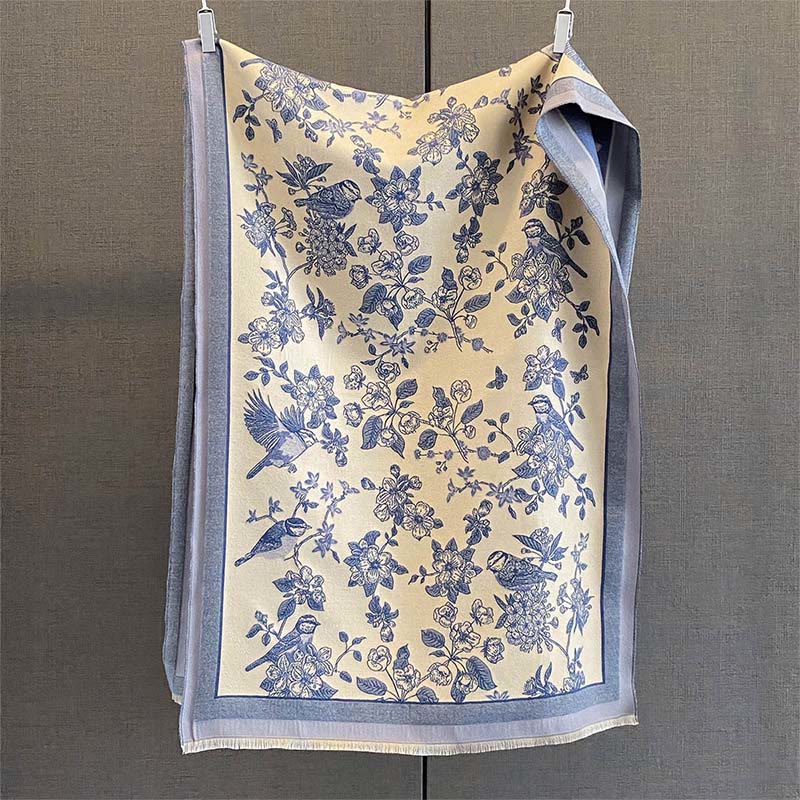 Buddha Stones Commute Flowers Bird Pattern Color Contrast Design Tassels Cozy Soft Scarf Shawl - LightSteelBlue - 190*65 cm - image 7