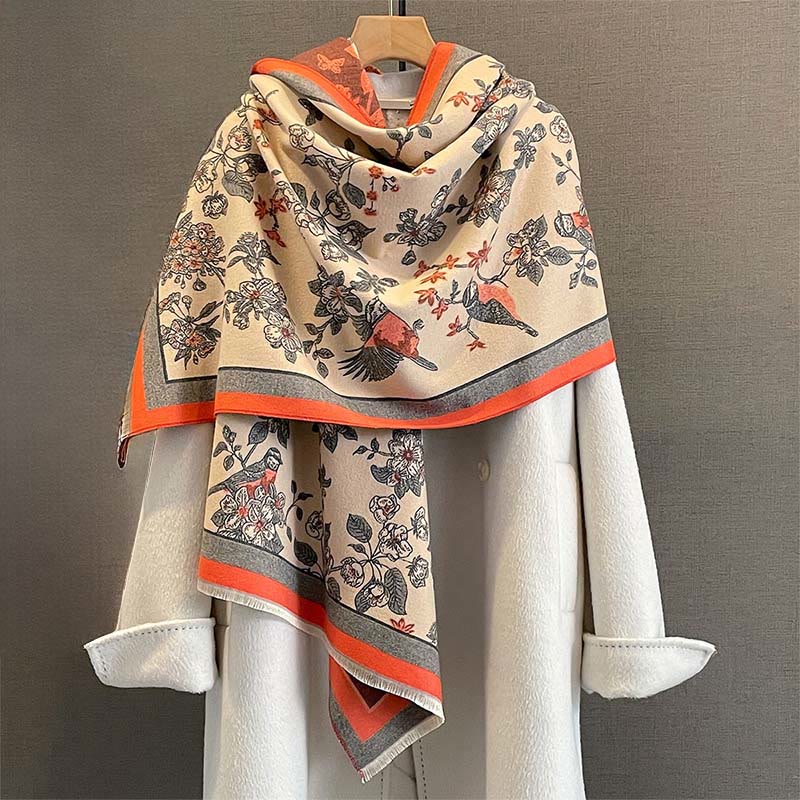 Buddha Stones Commute Flowers Bird Pattern Color Contrast Design Tassels Cozy Soft Scarf Shawl - OrangeRed - 190*65 cm - image 0