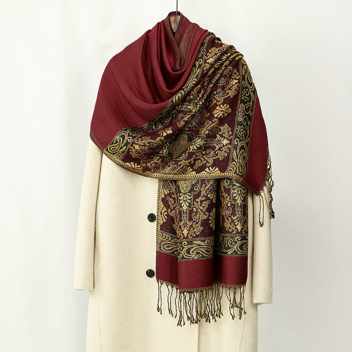 Buddha Stones Spring Golden Cashew Flower Geometric Pattern Tassel Cozy Scarf Shawl - Maroon - 172*70cm - image 6