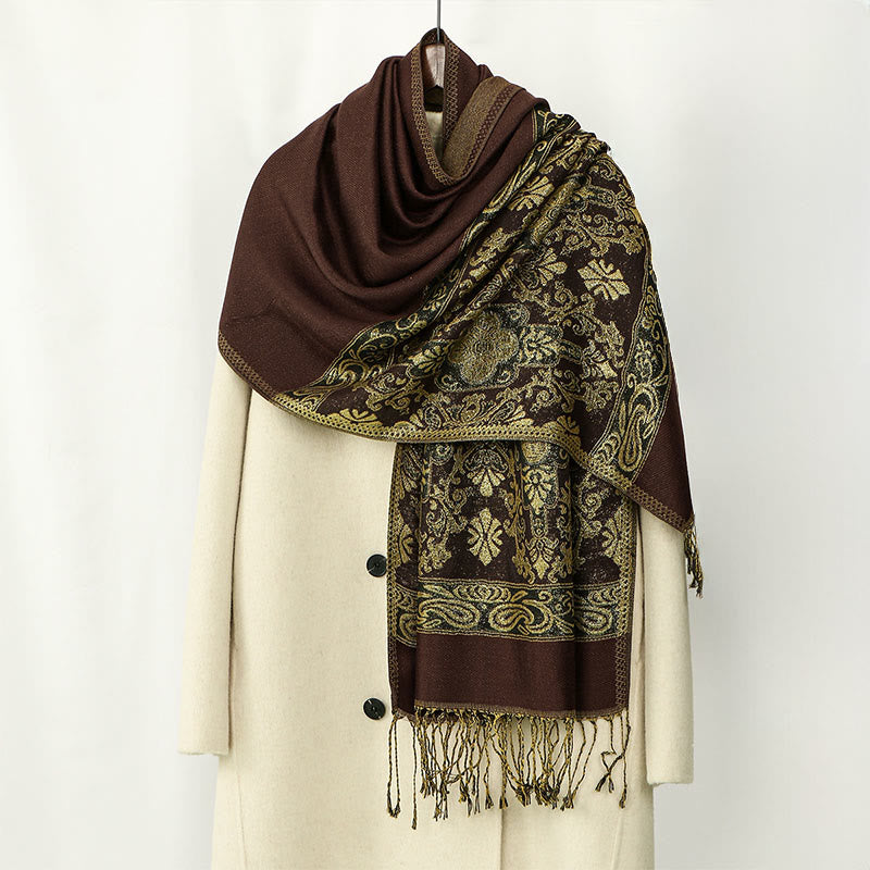 Buddha Stones Spring Golden Cashew Flower Geometric Pattern Tassel Cozy Scarf Shawl - SaddleBrown - 172*70cm - image 0